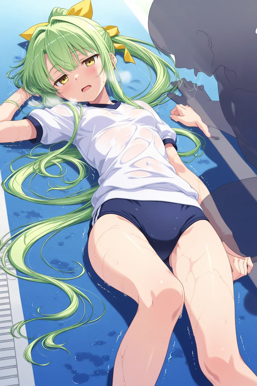 masterpiece, best quality, ultra detailed,1 girl, long green hair, blue eyes, school swimsuit, nsfw, orgasm,