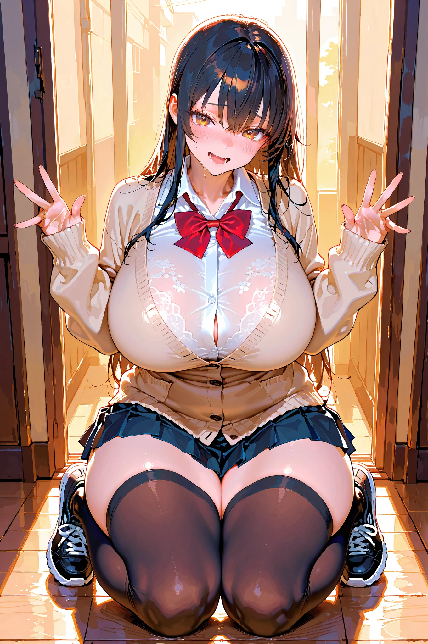 Hi res, masterpiece, nsfw, mafuyu_asahina, (Gigantic tits: 1.6), (dense pubic hair: 1.3), (white open shirt: 1.4), (black pleated mini skirt: 1.4), (erotic lace-trimmed lingerie: 1.4), (black lace-trimmed stockings: 1.4), classroom, sunset, near a windows with a beautiful city landscape, (mafuyu_asahina in sit with her legs spread wide on a school chair: 1.4), (mafuyu_asahina in squirting love juice from her exposed vagina while orgasm: 1.4), lewd face, flushed face, moaning