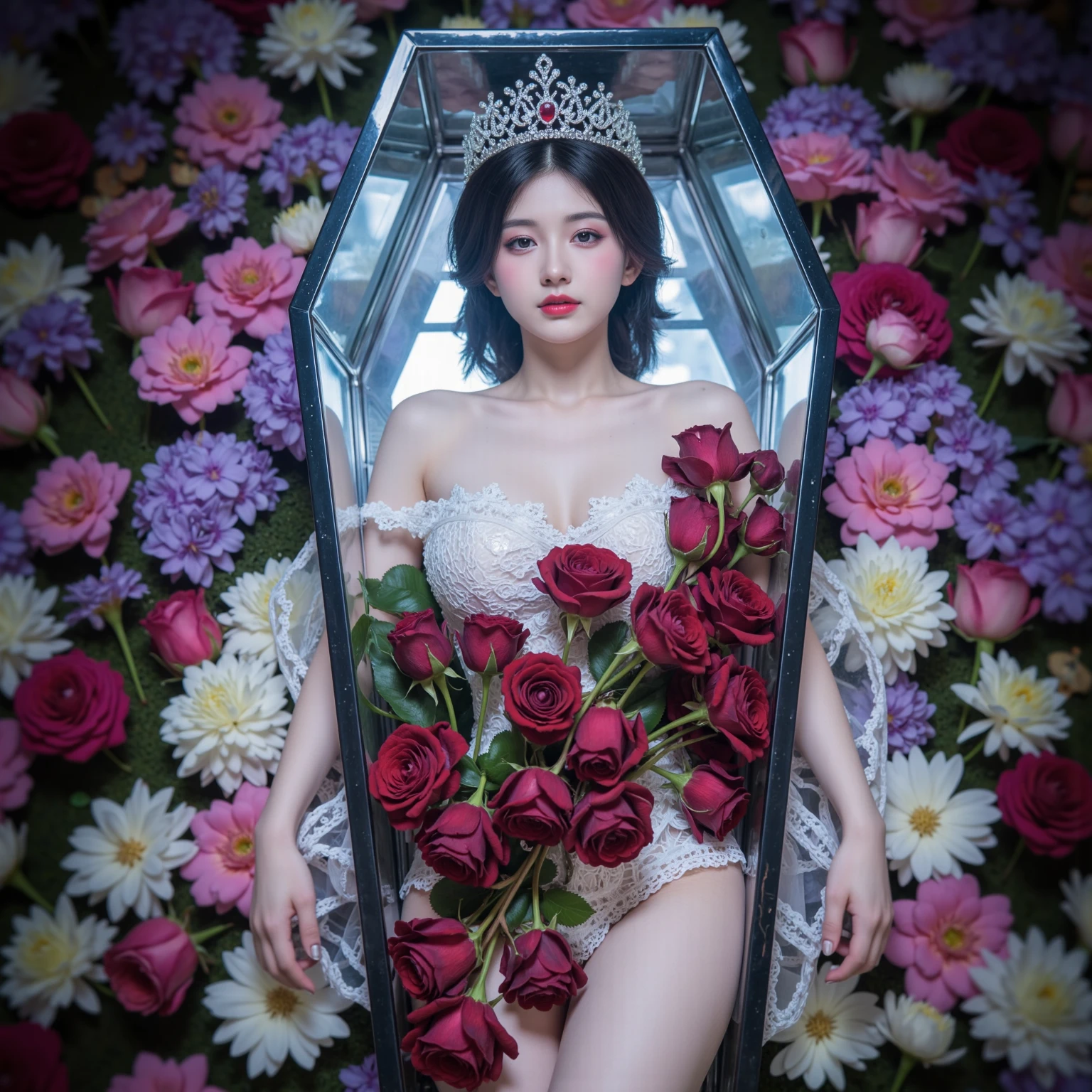 In a striking 8K HDR scene, a stunning Korean woman, 22 years old, lies peacefully in a black coffin surrounded by plush pillows. The deep box is set against a rich black background, accentuating the beauty of the subject. Her exquisite deep-V neckline ba11lgown attire is embroidered with superb detail, see-through wedding dress with flower-shape lace, showcasing her round and firm breasts, perfect cleavage, and beautiful eyebrows. Her closed eyes and mouth give an air of serenity, while her visible and absolute cleavage leave nothing to imagination. The scene is bathed in saturated colors, highlighting every intricate aspect from the ball skirt to her clean face, straight body, detailed hand perfect hands, straight body, own hands together, own hand on stomach, detailed hands, perfect hands.