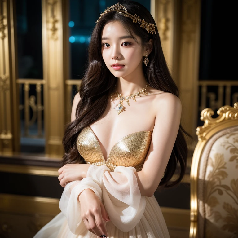 A princess，favela，climaxing ， 耳Nipple Ring，and hold your head in your hands， Armpits， jewely， Jewelry bracelet， choker necklace， Princess Crown， Off-the-shoulder dress， soaking wet， Commuting pure white small heels， The whole body drips，Pointed-toe heels，A sagging breast， White skin， 8K， Delicate lips， finely-detailed eyes， 二重まぶた