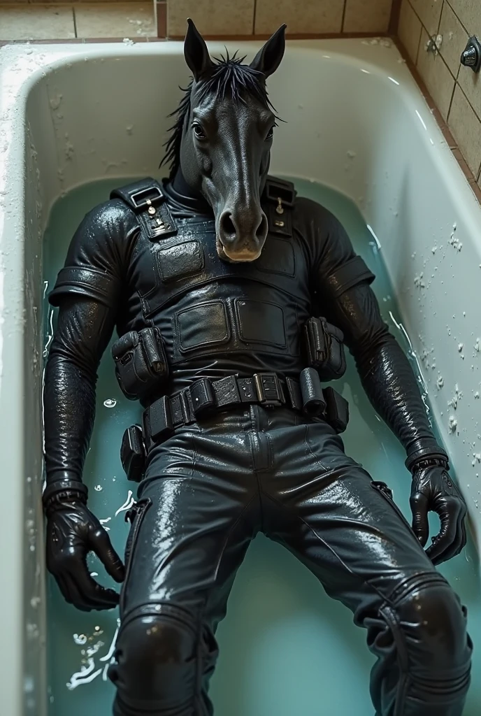 1 furry, (a big powerful horse guard, daddy, very detailed hazel fur, black mane, inside a bathroom, closed eyes, clenching teeth:1.19), male, soft light, (photorrealistic rendering, detailed ferocious face, wearing black swat gear, detailed clothing textures, close focus on boots:1.21), solo, wearing black tactical boots, (photographic masterpiece, accurate long genitalia, unwanted erection, very detailed tactical boots, very oversized boots:1.61), (unwanted , handsfree cum, cumshot, erection:1.51), hyperrealistic, (photographic lighting, piercing eyes, leaning against a wall, wearing tactical gloves, focus on fully clothed:1.43), (back angle view, detailed boot leather texture:1.32), security guard, officer, (toned muscles, oversized thighs, triplewide hips, hyperdeveloped leg muscles:1.3)