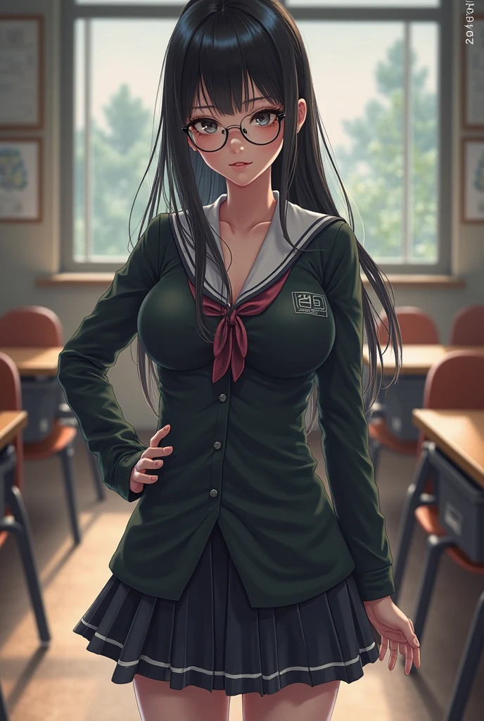 Italian girl, with very long black hair, 25 years old, hyper super gigantic and mammoth breasts, thin, has wet breasts, wears a torn tight blouse that does not contain the breasts and a pleated black miniskirt,  inside a school classroom