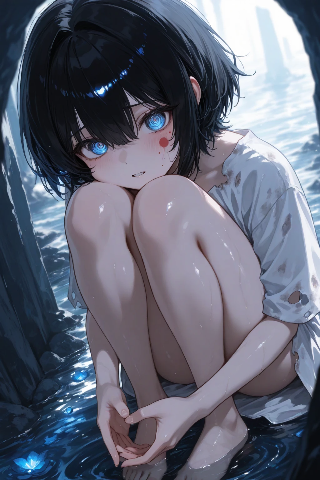 (masterpiece:1.2), (highest quality:1.2), Upper body, perfect eyes, perfect face, perfect lighting, mountainous horizon, 1 girl, 1 boy, black hair, blue eye, ((very short back hair)), blunt bangs, cute eyes, Medium chest , ((From the side)),From above, closed mouth, vivid description,orgasm, I was scared, Ahegao, smile+Happy, tooth, anger, From the side, sitting, (((nude))), ((disdain)), crying face, Sweat, (((((cum on body)))))