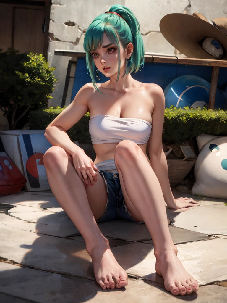 obra maestra, Mejor calidad, High Definition, 1 chica, Solo, PELO NEGRO, Vendaje para el cabello, cabello corto, Corte bajo, muslos anchos, Blue Eyes, Banda para el cabello verde, Ciego, bun, descalzo, ciudad, exterior, desnuda, mostrando su vagina, llena de semens piernas abiertas, teniendo sexo