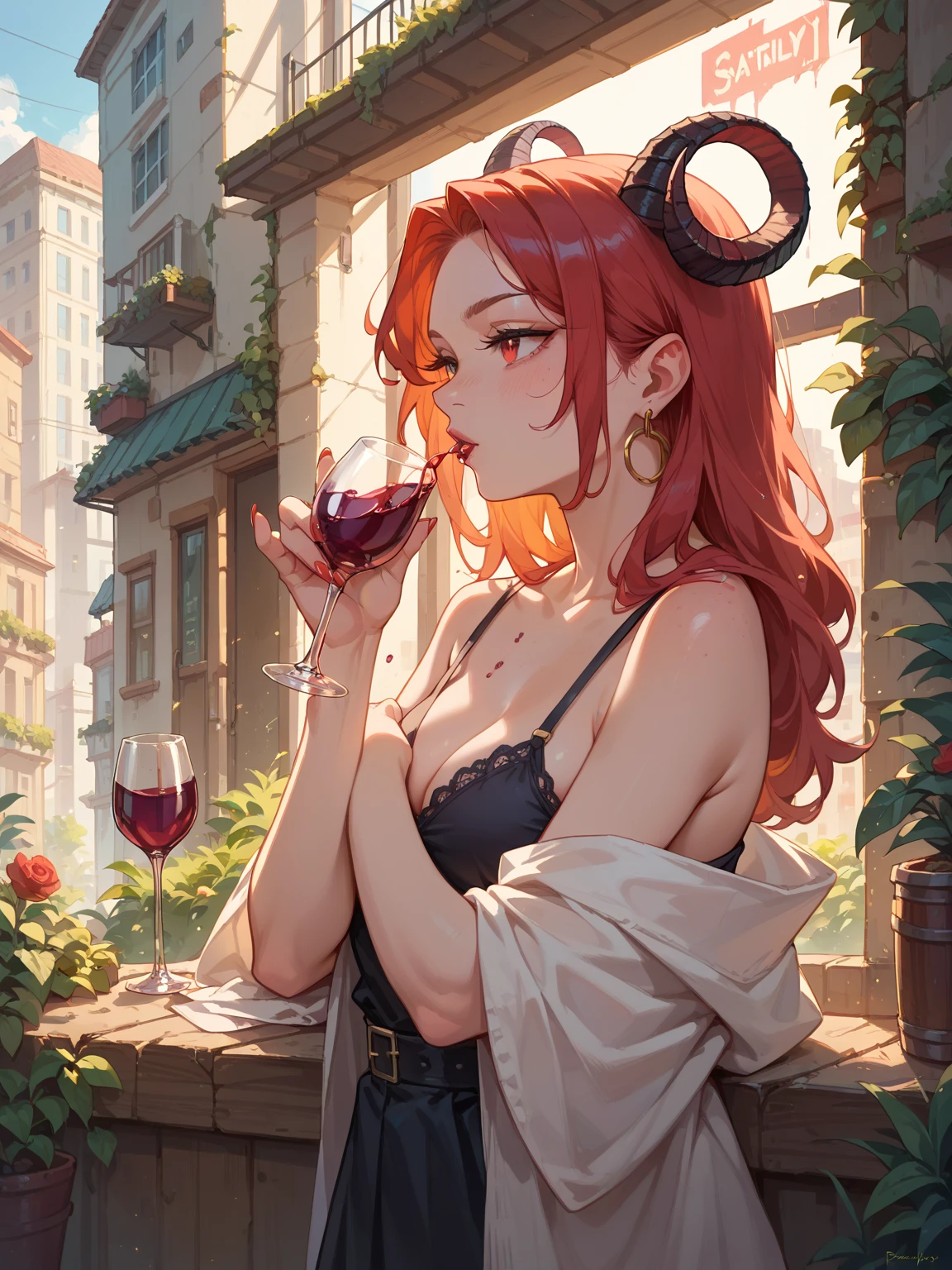 By Alan Paterson inspired girl big tits Arlequina + Sarada delicada atrevida Elvgrin, and Jorge Jimenez. Portrait front view of a girl standing in a mystical marketplace, with red neon hair in a flowing ponytail, in a dynamic pose, she is holding a glass of bubbling potion out to the viewer, in the background are busy vendors, and magical light and smoke from the various market stalls. trending on artstation, sharp focus, studio photo, intricate details, highly detailed,