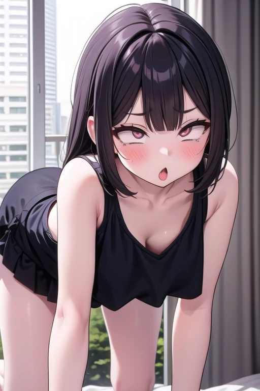 Black-haired of 16 years old with straight and long hair and sophisticated features. She has thin legs, and a thin figure with small bare tits. sitting in a bathtub with legs spread in a red tight towel, to open her tight wet pussy wide with her fingers and show her hymen so that a penis can enter her vagina for the first time and tear her hymen. In the background is a window overlooking the city at night.frame below the letters