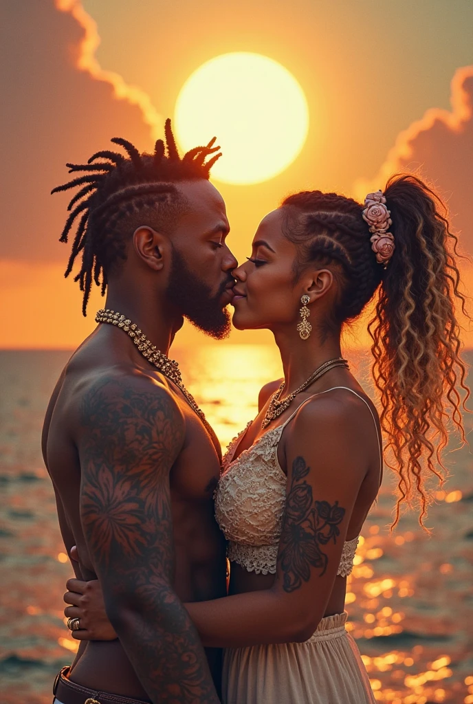Daenerys Targarean kissing dark skinned african man with dreadlocks