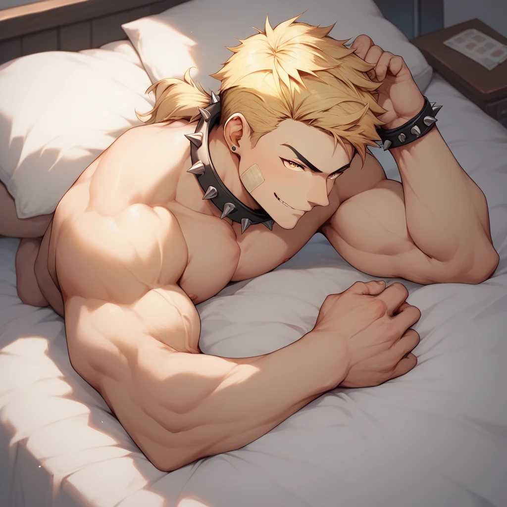 1boy, solo, black eyeliner, male medium length mullet hairstyle, blonde hair, handsome, blue eyes, black choker, sleepy eyes, black long gloves, kneeling, black pants, bed, room, half closed eyes, red lipstick, femboy, blush, thin waist, bare penis, jerks off his dick, holding a dick in his hand, half open eyes, open mouth, holding the phone in his hand, looks at his phone, cum, cuming 