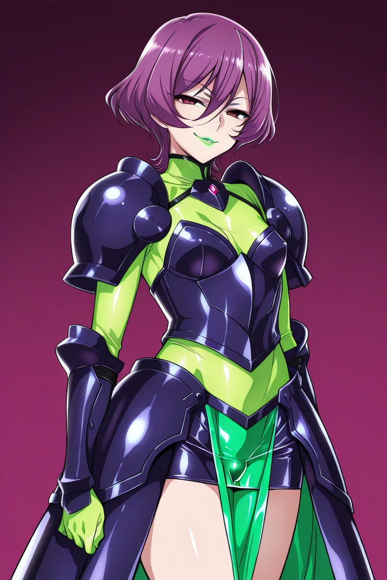 a closeup, 1girl in, Sailor Neptune, aqua eyes, Dark green hair, Medium Hair, (Body tights, Black latex long gloves and boots, Aqua-colored lines on the body, Heart Nipple Less, The navel is visible, Tattoo of the lower abdomen:1.1), Eyes without light, grin, Black ornament on forehead, Bat feather hair ornament, Spread your legs apart, Mechanical chair,Sit on a pipe that glows pink , top-quality, ​masterpiece, hight resolution, intricate detailes, ((realisitic)), black latex gloves, medium breasts⁩, chastity belt, natta