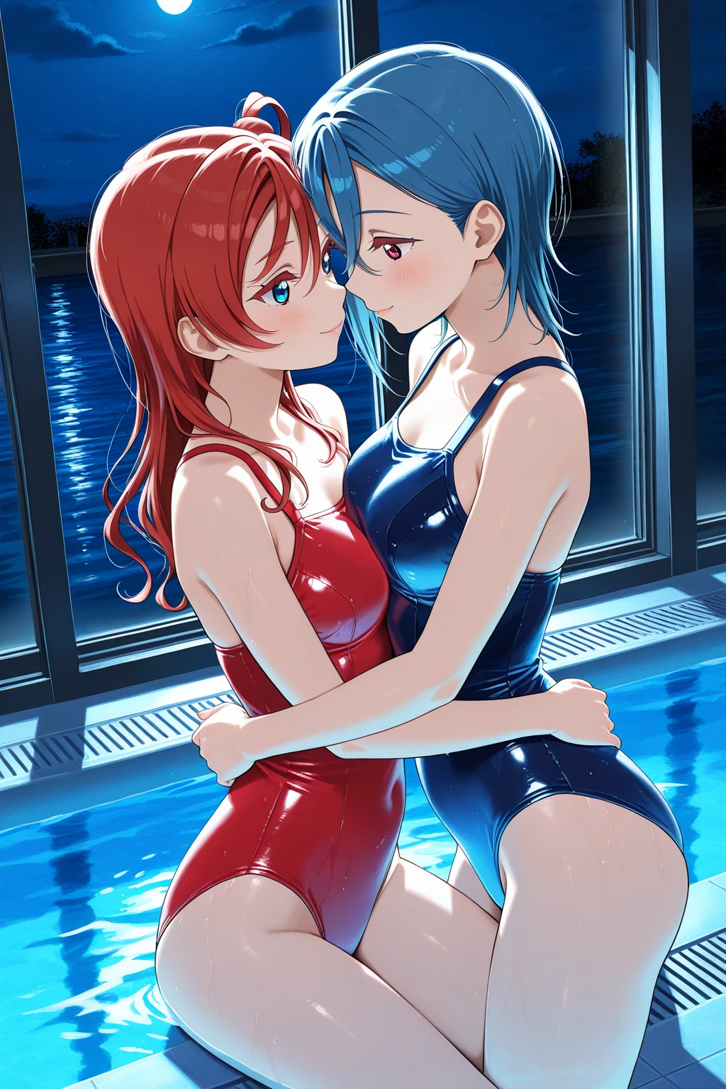 score_9, score_8_up, score_7_up, score_6_up, score_5_up, score_4_up, (source_anime), 2girls, neon genesis evangellion, ((asuka langley soryu, small breasts, {sucking breasts})), (( rei ayanami, small breasts)), yuri, breast sucking, far, full body, Swimming pool, Inside the pool, swimsuit