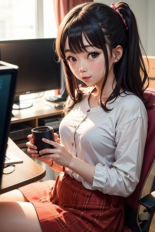 Cute female college student wearing pink pajamas