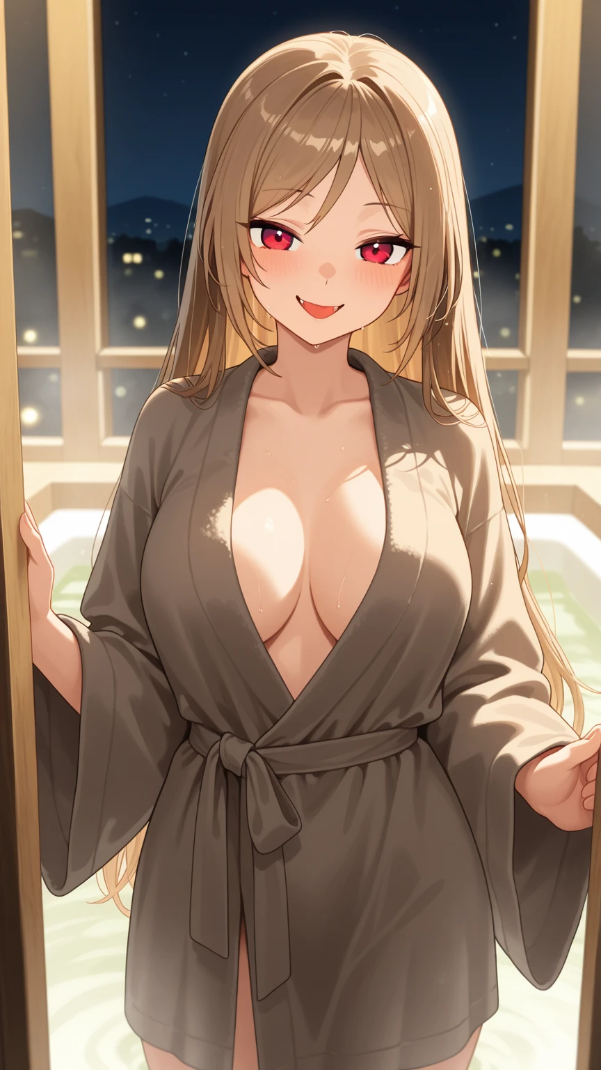 masterpiece, best quality, highres, kitagawa marin, 1girl, blonde hair, long hair, swept bangs, gradient hair, red eyes, jewelry, earrings, piercing, glossy lips, through door, (open dressing gown),