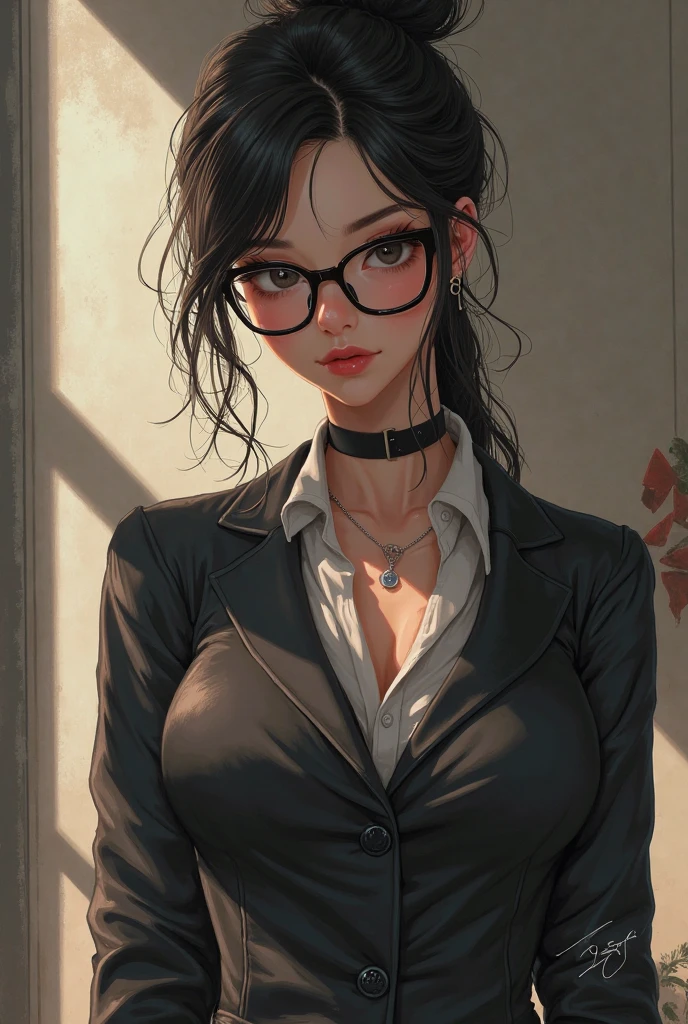 (masterpiece, best quality), 1girl, messy hair, choker, black silk pajamas, see-through, glasses,