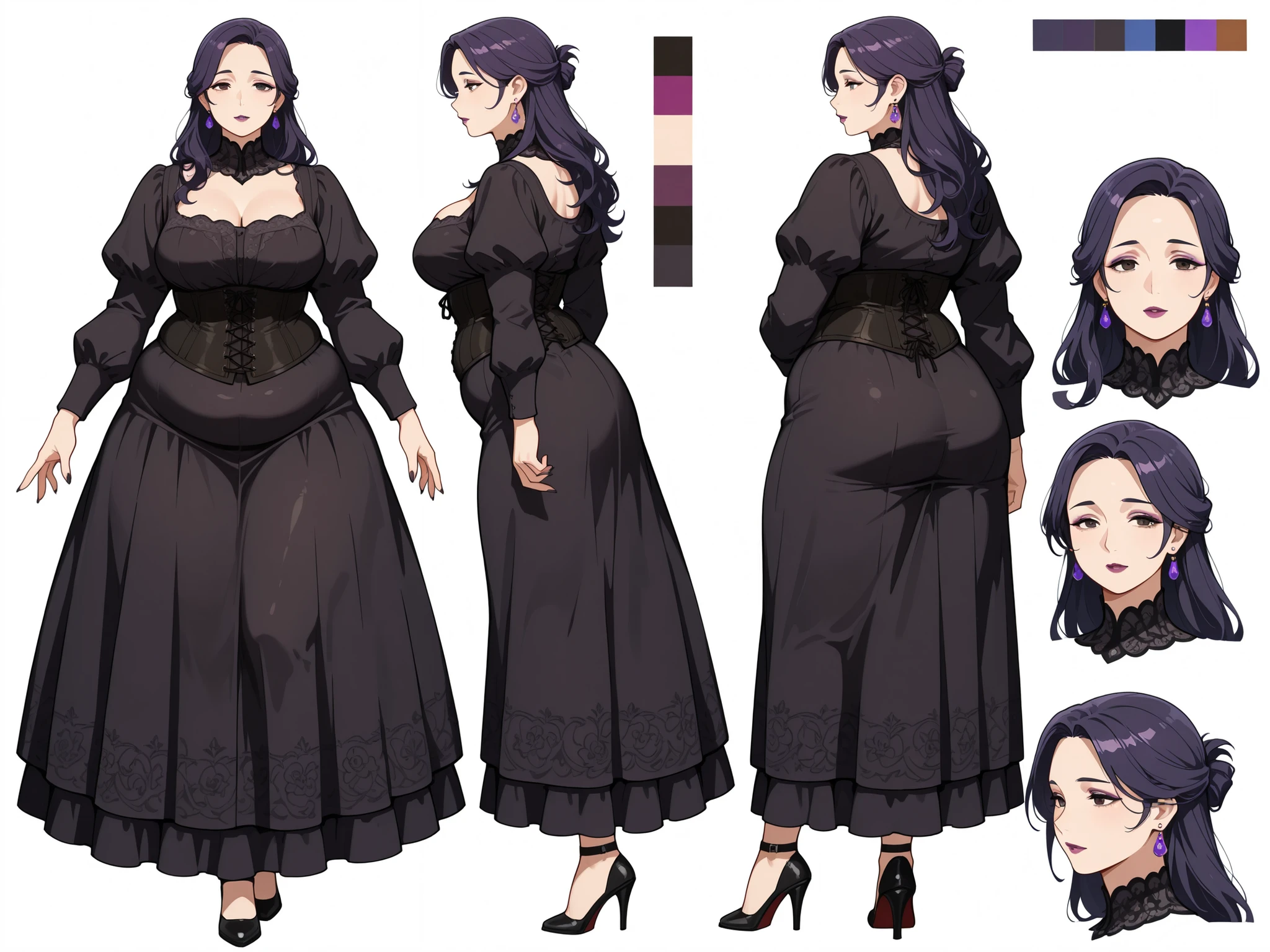Masterpiece, best quality, character design sheet, ((mature goth woman)), clean lineart, multiple poses, makeup:0.7, loose hairstyle, hazel eyes, dark violet hair, white background, plump curvy figure, color palette swatches, front view, side view, back view of character:1.2, animation-ready style, black victorian inspired corset dress, drop-shaped earrings, clean professional layout, partially obscured heels, forehead, half-up hair