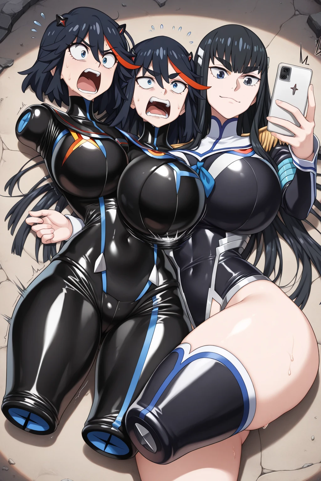 3 mature females,lesbian,25yo,(lying on the bed:1.2), Cleavage,(side by side,lesbian,Hug each other tight,kiss:1.2),((breasts grab:1.3)),taimanin bodysuit,taimanin leotard,(wet colorful bodysuit),,(Best Quality, masterpiece),medium breasts,Cute,(red blush,smile),(bed room), ,dynamic pose,dynamic angle,spread legs