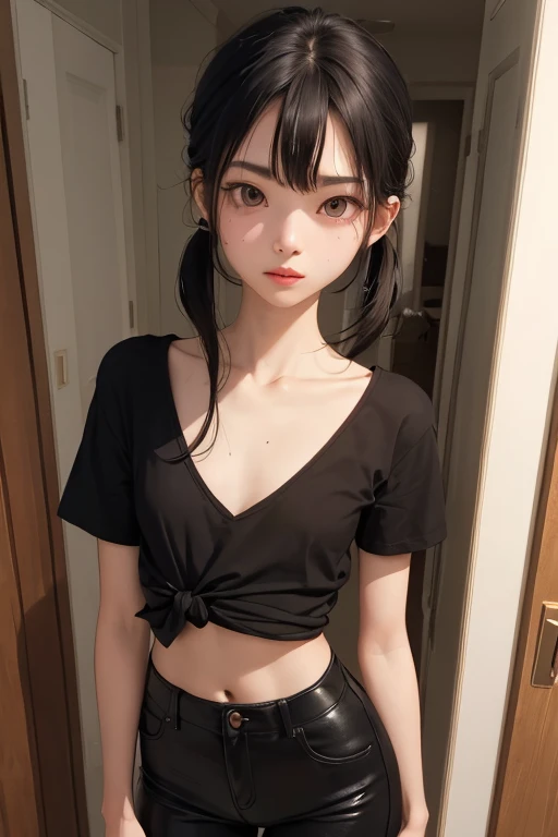 (masterpiece, best quality, beautiful girl, pretty face:1.2), (close face:1.1), 8k, official art, original photo, Ridiculous, crop top, looking at the audience, thin and long, teenager, face light, film grain, Color difference, sharp focus, Dynamic lighting, movie lighting