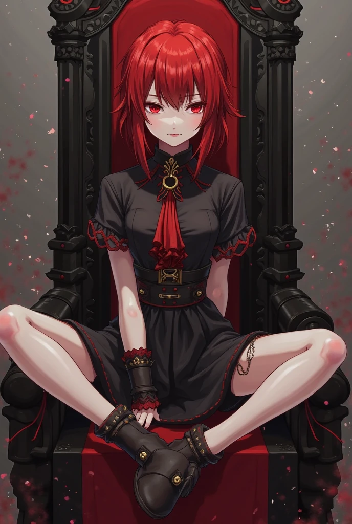 In the ruins was a girl with red hair, black eyes and no sign of life and no pupils, she was sealed by divine chains, she sitting weakly with divine chain bind her hand and her neck, her hand lose 1