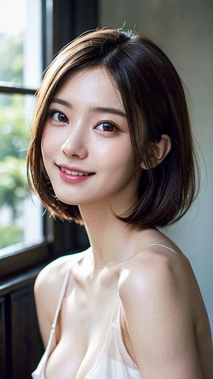 (8k, RAW Photos, highest quality, masterpiece, Realistic, Realistic), (1 female), (The ultimate beautiful Japanese MILF), Highly detailed face, (Perfect Teeth), Beautiful Eyes, double eyelid, eyelash, ((smile)), Lip details, (Neat brunette bob), The light shines on your face, Big Breasts, ((lingerie)), (Upper Body), ((background: none))