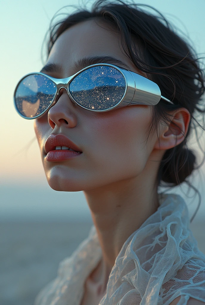 The model is wearing glass sunglasses with stars and the moon on the ...