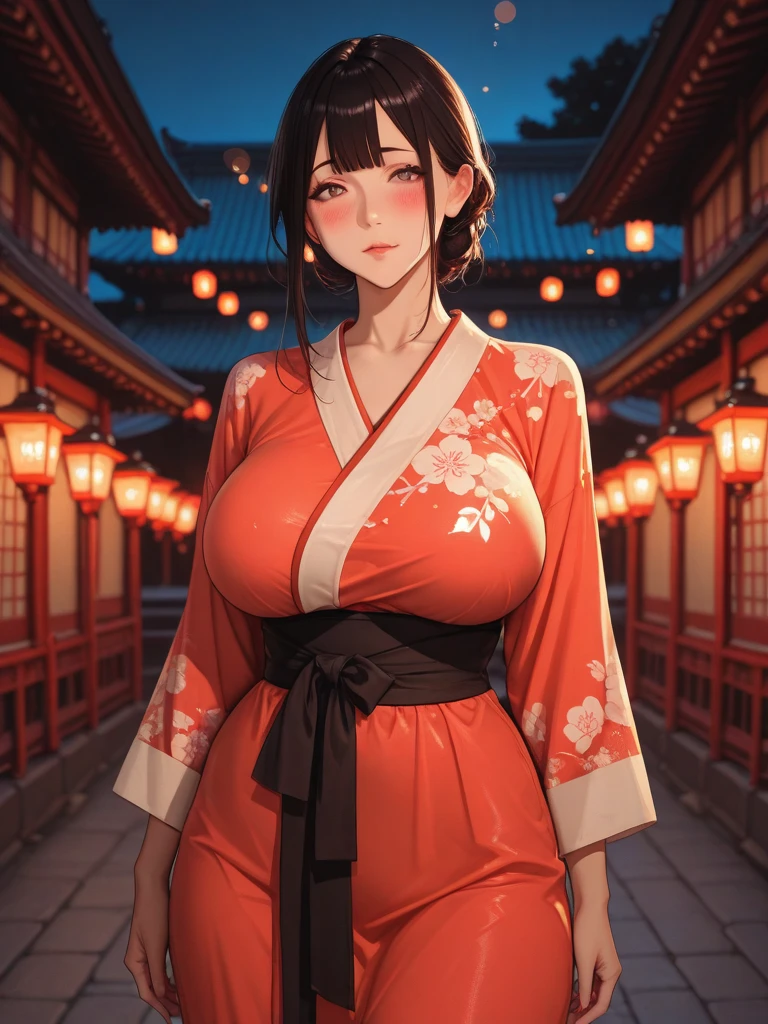 a Japanese woman wearing a kimono,(((masterpiece))),((best quality)),((intricate detailed)),((Hyperrealistic)),absurd res,milf,mature woman,perspective,highly detailed,illustration,1girl,((large breasts)),perfect hands,detailed fingers,beautiful detailed eyes,updo hair,brown eyes,( kimono:1.2),earrings,cleavage,detailed background,perfect eyes,seductive eyes,looking at the viewer,from front,inside a dojo, <lora:muguang:0.7>