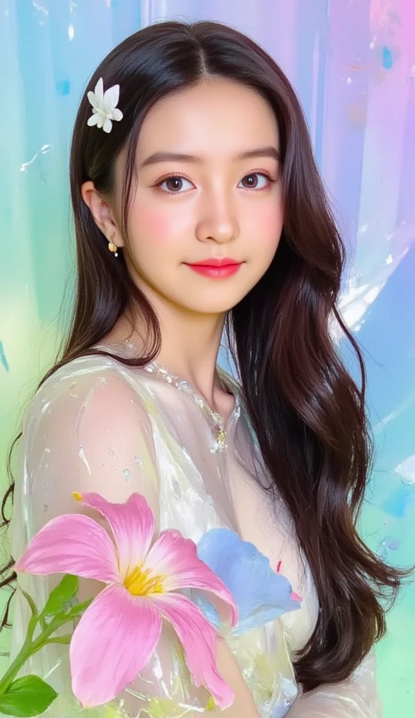 (Highest quality, masterpiece, Ultra-high resolution, (Realistic:1.4), Very detailed,8k,masterpiece, Winner of numerous awards, High detail), Background with blooming flowers,とてもbeautiful海,Very big ,Long Hair, smile,Hair Flower,Textured skin, beautiful,cute,Beauty,Big eyes,bold,Swimwear,