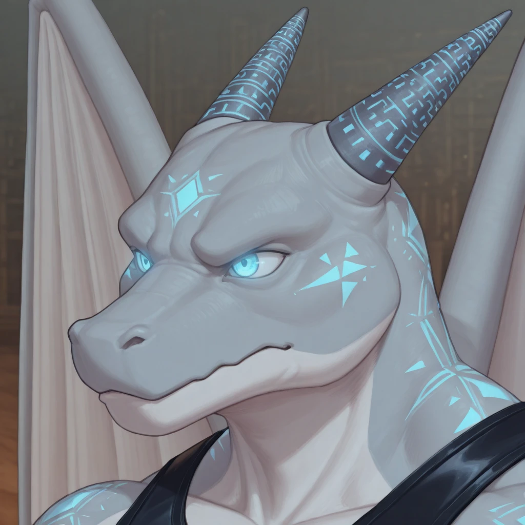 (((Masterpiece))), ((4k)), (best body), Solo, score_9,score_8_up,score_7_up, kemono style, Anthro deathclaw from fallout, Anthro reptile girl, snout, green scaled skin, gold eyes, black lips, black horns, black ram horns, athletic body, smiling, wearing brown laced tank top, pov, pov she is holding viewers face, pov she is holding viewer, simple grey background