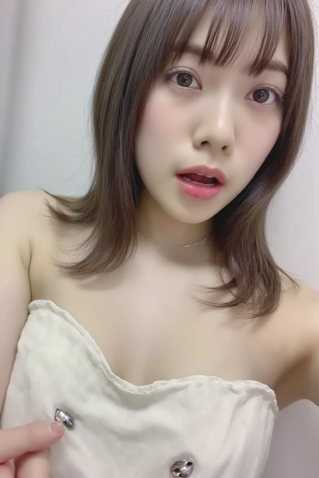 full shot, 14 years old Japanese idol, bangs, naked, smaller face, smile, looking at viewer, in bedroom, (night:1.8)