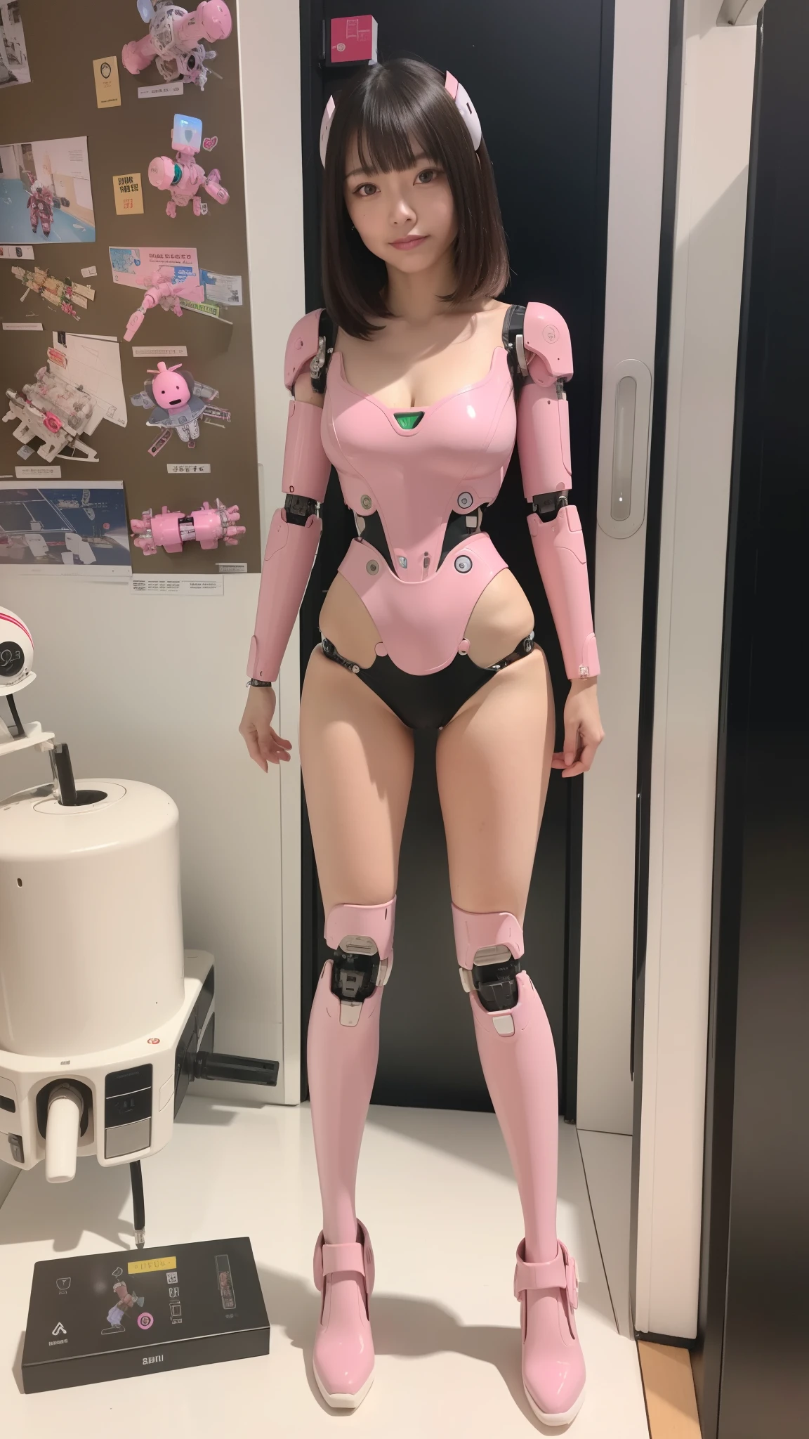 cyborg, pink there, Silver, Metallic body, Robot Parts, Metal Parts, Super Detailed Face, Super well-formed face, of the highest quality, a small face, a small head, full body, Brown hair, Slender body, Camera gaze, Internal Mechanical Exposure, Idol, Well-proportioned body, gravure, Photo session, Akihabara, Moe Pose, Standing with legs open, Model body type, sad, Embarrassing,(Perfect Robot Girl),(Perfect machine body)