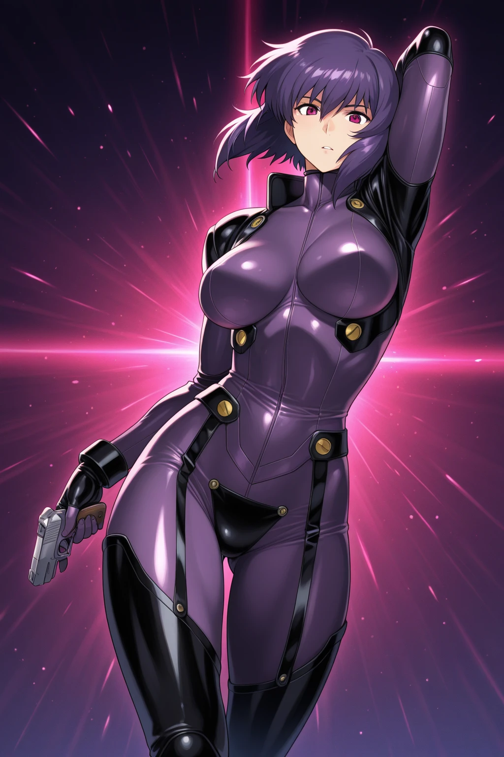 masterpiece, best quality, highres, 1girl, solo, short hair, ahoge, red hair, purple eyes, purple hair, pilot suit, gloves, cowboy shot, standing,