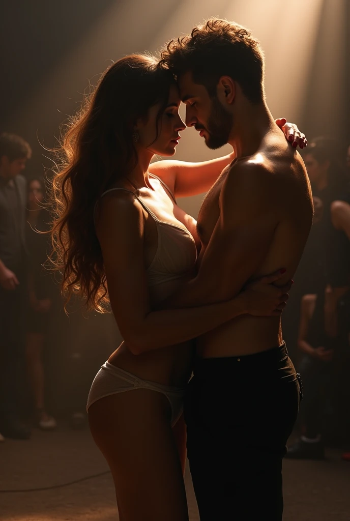 A young Puerto Rican man hairy bearded strong muscular red underwear bulge bulge, having his open underwear pulled down by a beautiful woman in red panties crouching in front of him, in performance on a stage of a television program presented by a famous presenter.