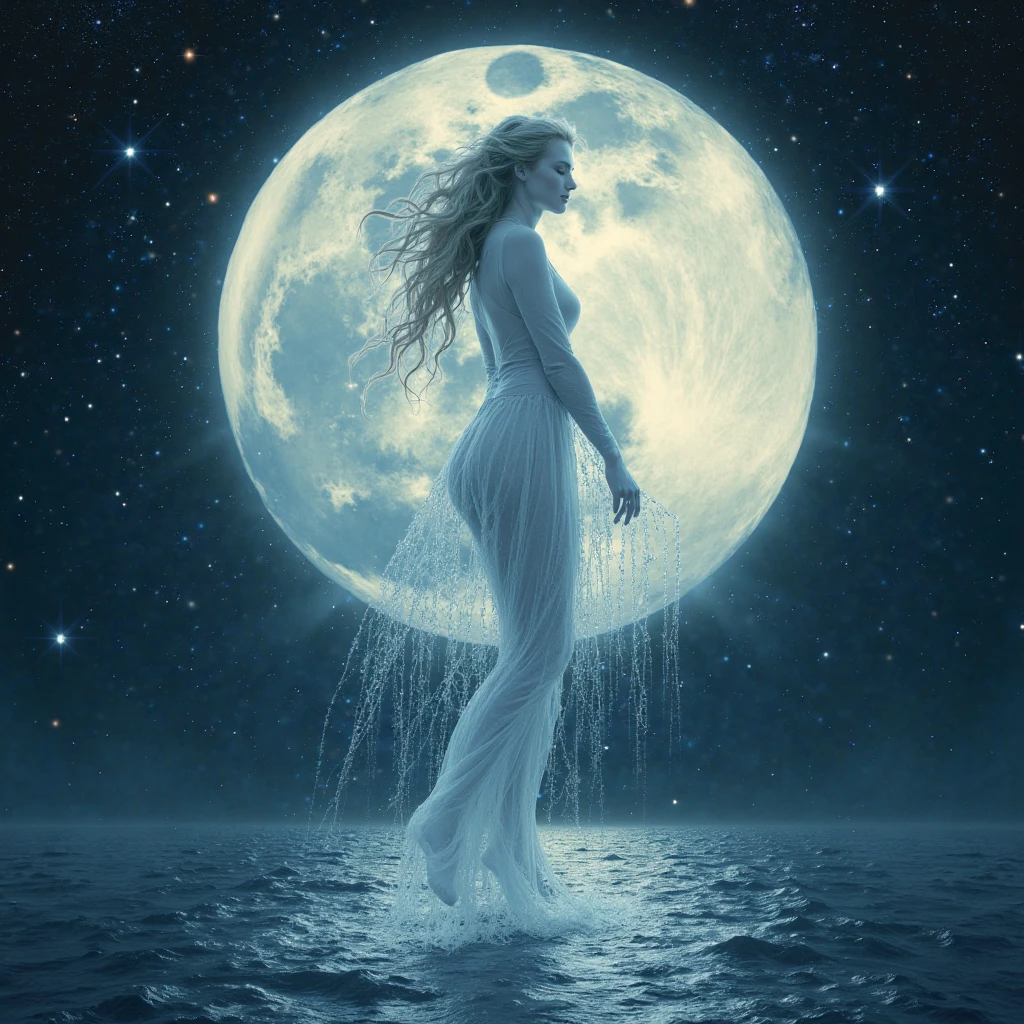 A white blonde goddess is coming from Ocean, she is standing above waters, she is full, Full Moon at sky