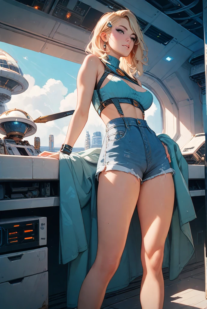 high-definition image, eyes realistic sizing, realistic skin, drooping eyes, smiling, (various patterned feminine casual dress), (armpit), (focus on highly detailed realistic texture panties), strong sunlight, braid, blond, (old fashion, smiling), outside, ((abandoned factory, old machines)), angle from below,