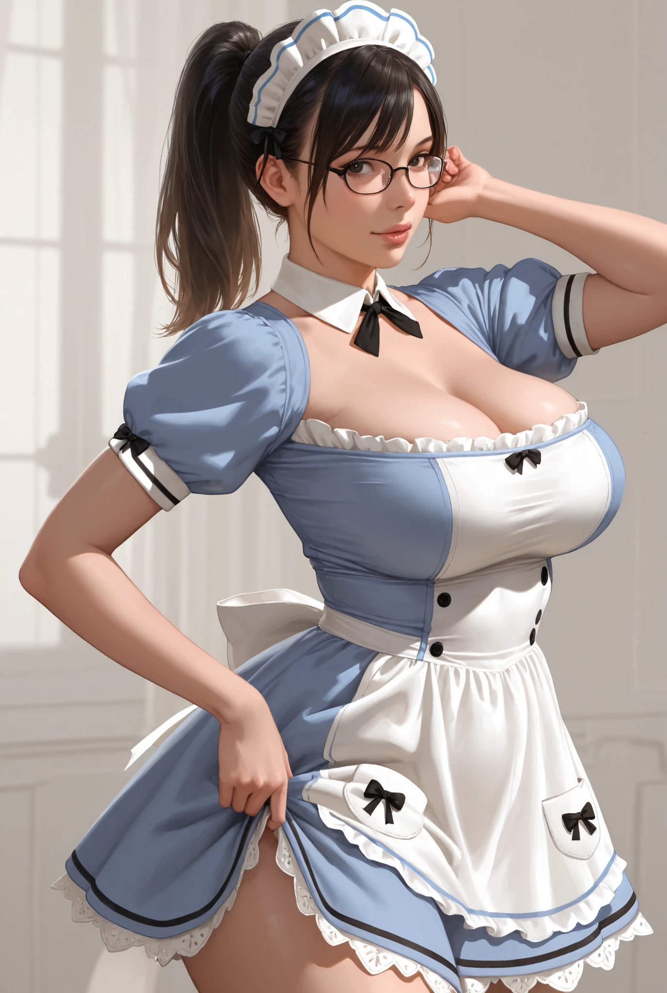 Meisterwerk, highest quality, high resolution, Extreme Detailgenauigkeit, 1 Frau, 18 year old female with Dunkle Haut bent over a table, Truhe auf dem Tisch, Dunkle Haut, big boobs, Dunkle Lippen, Eyeliner, Blush Cheeks, long black hair in 2 very large ponytails, Khakifarbener Vichy-Vichy-Rock, lace panties, white thigh high stockings, (braces:1.5), Brille, seductive look, Blick in die Kamera, 3/4 Weitschuss, Cowboy erschossen, Greenhouse, Blumen, next to large windows, Buntglasfenster,