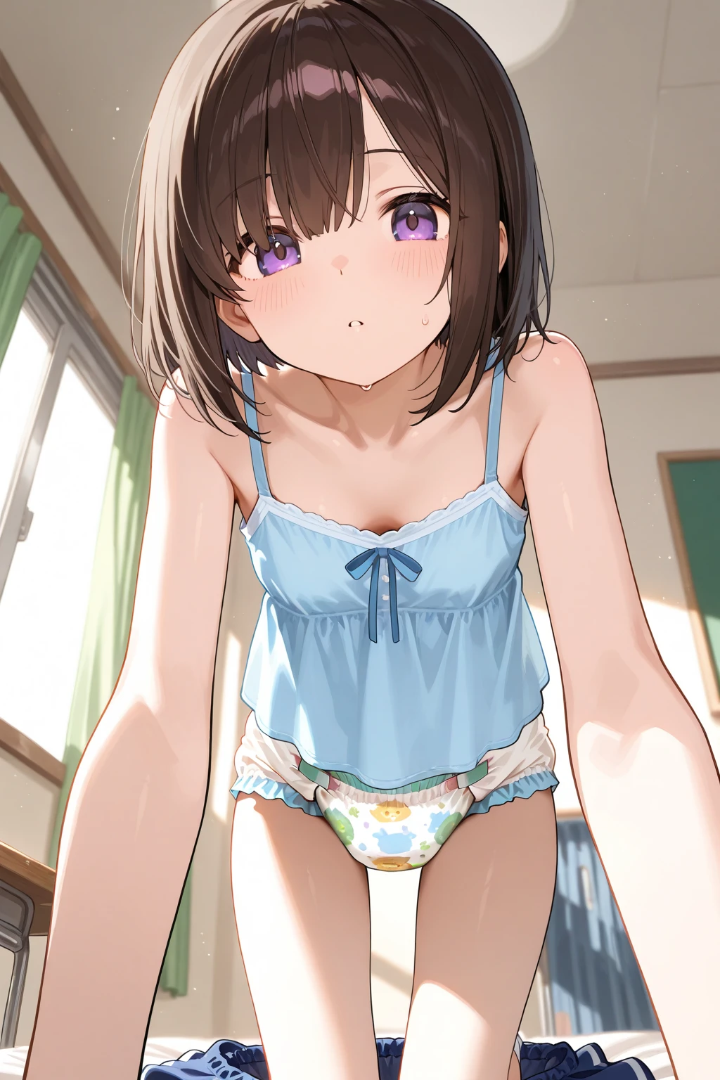 1girl, (loli), shy, blushing, short hair, twintail hair, (cute pink mini dress), upskirt, vagina spread cameltoe, (cum inside pussy), (cum inside white panties side tie), white background