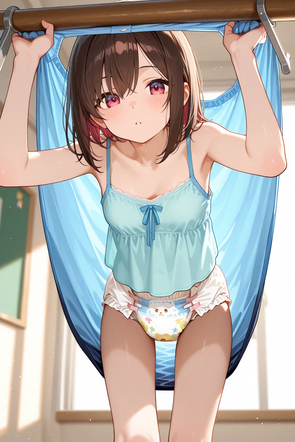 cute美少女、From below、stand、one piece、cute、Embarrassed blush、pubic hair、underwear、はみ出たpubic hair