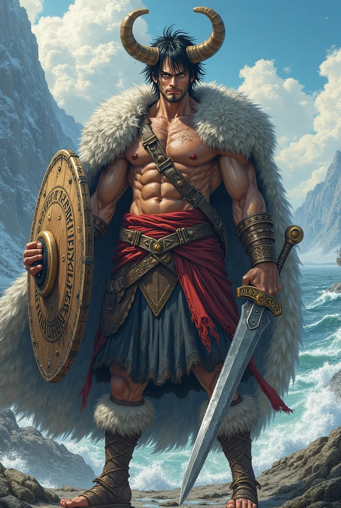(masterpiece, high resolution, oil painting, Greg Rutkowski style:1.3), war-torn Barbarian King, of Germanic tribes, 5th-century battle armor, (leather and steel:1.2), wolf-skin cloak, bloodied double-headed axe, trampled battlefield, chaotic clash of soldiers, wooden siege weapons, stormy sky, warm colors, dramatic shadows, mid-roar, diagonal shot.