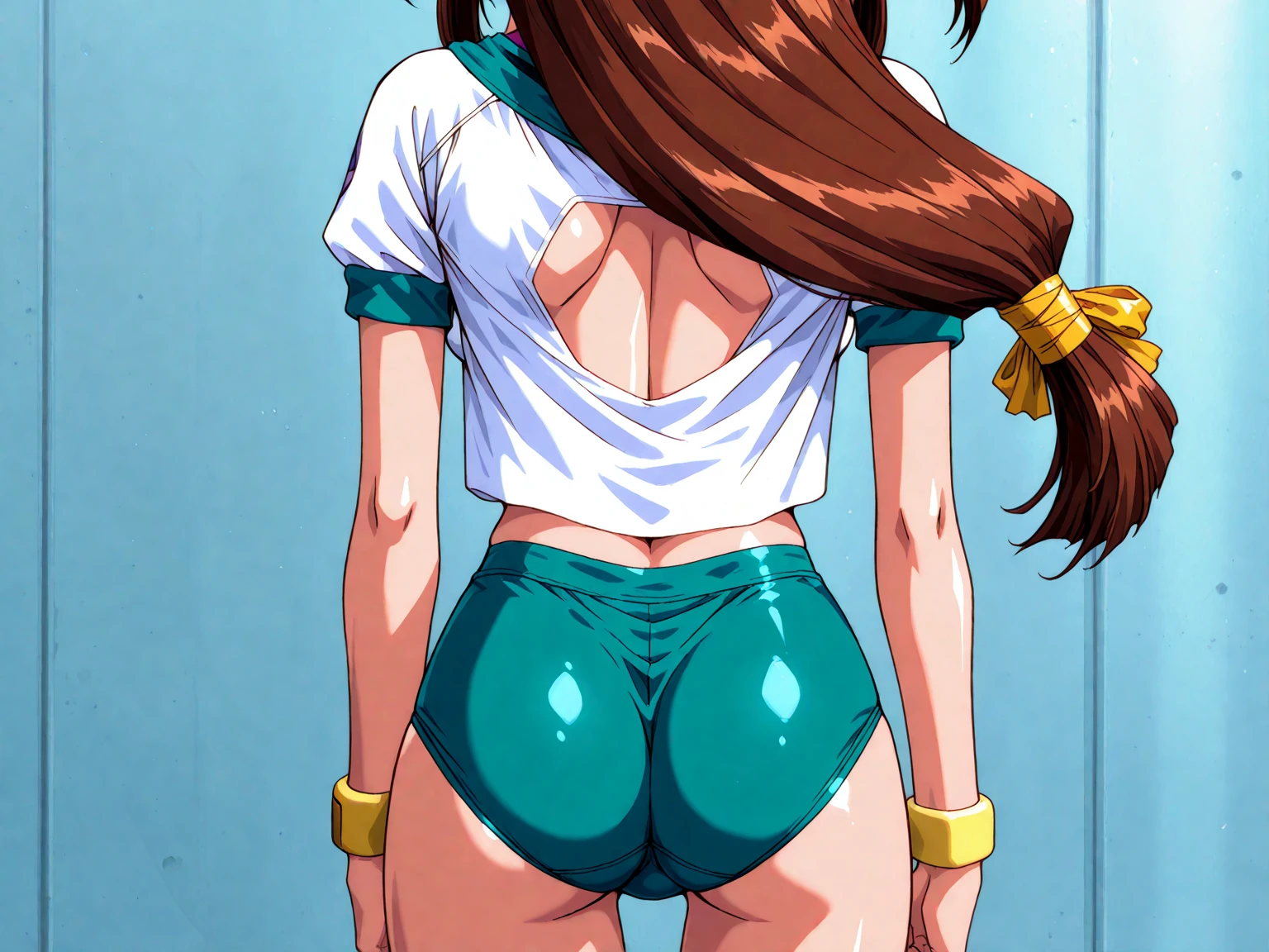 1 girl, (solo), ((amanogawaki)), best quality, highres, high quality, 8k, HD, super detail, anatomically correct, UHD, accurate, (masterpiece:1.0), (high quality:1.0), (ultra detailed), (no Background), (White Background), ((Adult)), Yellow Headband, ((UnderButt:1.0)), ((Black Leotard)), Looking Back, Looking At Viewer,  (upper body:1.0), (from below:0.8), (hyperass:0.8)
