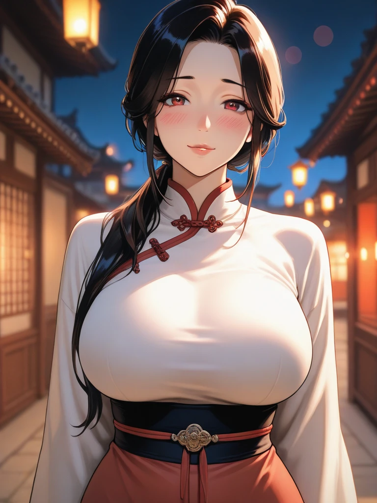 Kpop idol: 1.2, mix4, 1 Korean girl, 14 years old, (light eyebrows: 1.4), shiny brown eyes, bun head, tied two braids, ancient city, Chinese temple, high mountain, beautiful detail sky, street (crowd:1.2), night, (nose blush), hanfu, happy, smile, small round boobs, cleavage showing her nipples, her crotch , vagina visible