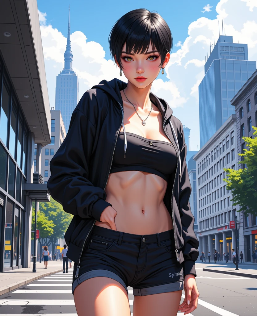 absurdres, RAW photo, extremely delicate and beautiful, masterpiece, Best Quality, ultra high resolution, 32k, hyperrealistic, ultra-detailed, in her 20s, delicate facial features, tearful mole, earring, ??????????????, full body shot, shorter middle hair, black hair, wet clothes, tracksuit shorts, Lightweight hoodie, crop top,