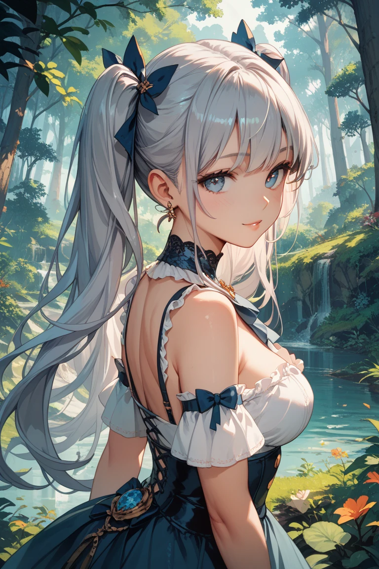 hight resolution, top-quality,  ultra-quality, The ultra-detailliert, lighting like a movie、all-fours、Girl's ass、Ruins of the forest、Traditional costumes，(wet white detailed lace panties、nice butt、perfect buttocks、embarrassed from、water dripping、Wearing sweat、（light blue twintail long hair），Buttocks up，ideal buttocks､Realistic big white snake、white snake and cute girl