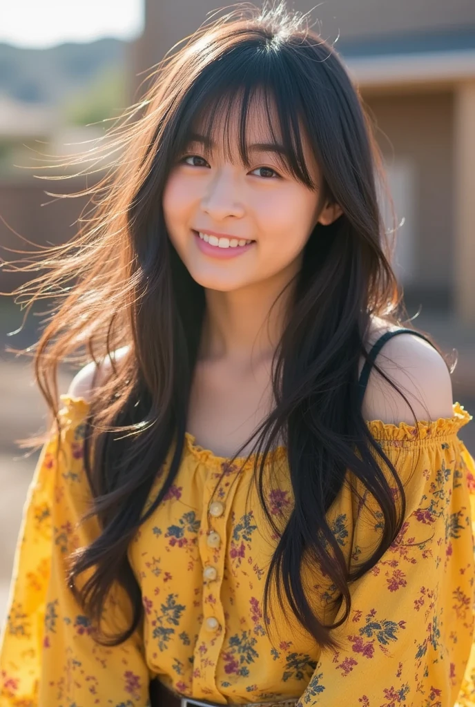 (​masterpiece)、((top-quality))、(ultra-detailliert)、((extremely delicate and beautiful))、(((incredibly absurdness)))、((perfect bodies)))、1girl in、独奏、A dark-haired、{{{maternal}}}、Medium chest、Happy smile、a blue dress、mare+Background with、Sun flower、dynamic ungle、female focus on、{Particles of light}、细致Background with、((paul hedley)))、Soft lighting、Evening glow、Orange sunset、Happy smile、Live action、realisitic、Looking at the camera、Angle from above、cute smile face、The background is blurry.