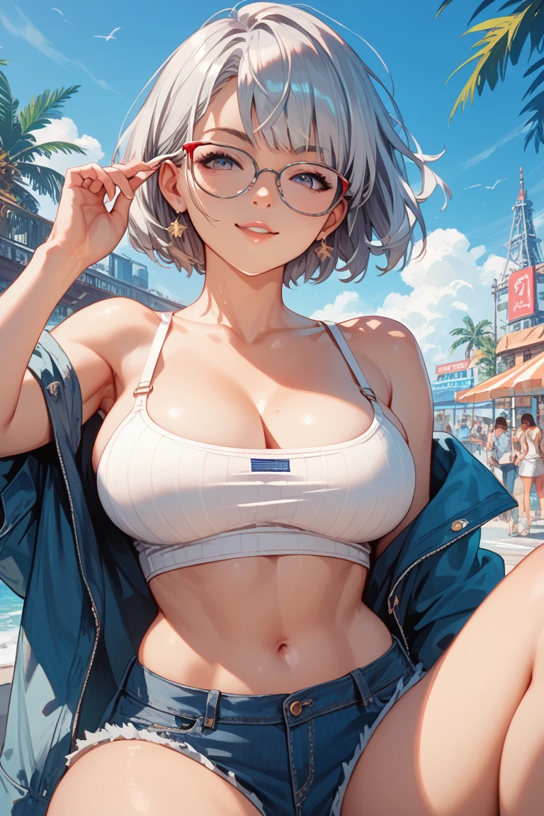 Anime style girl with white hair bangs in black bikiny, clear glasses , sunny beach, high res, 4K