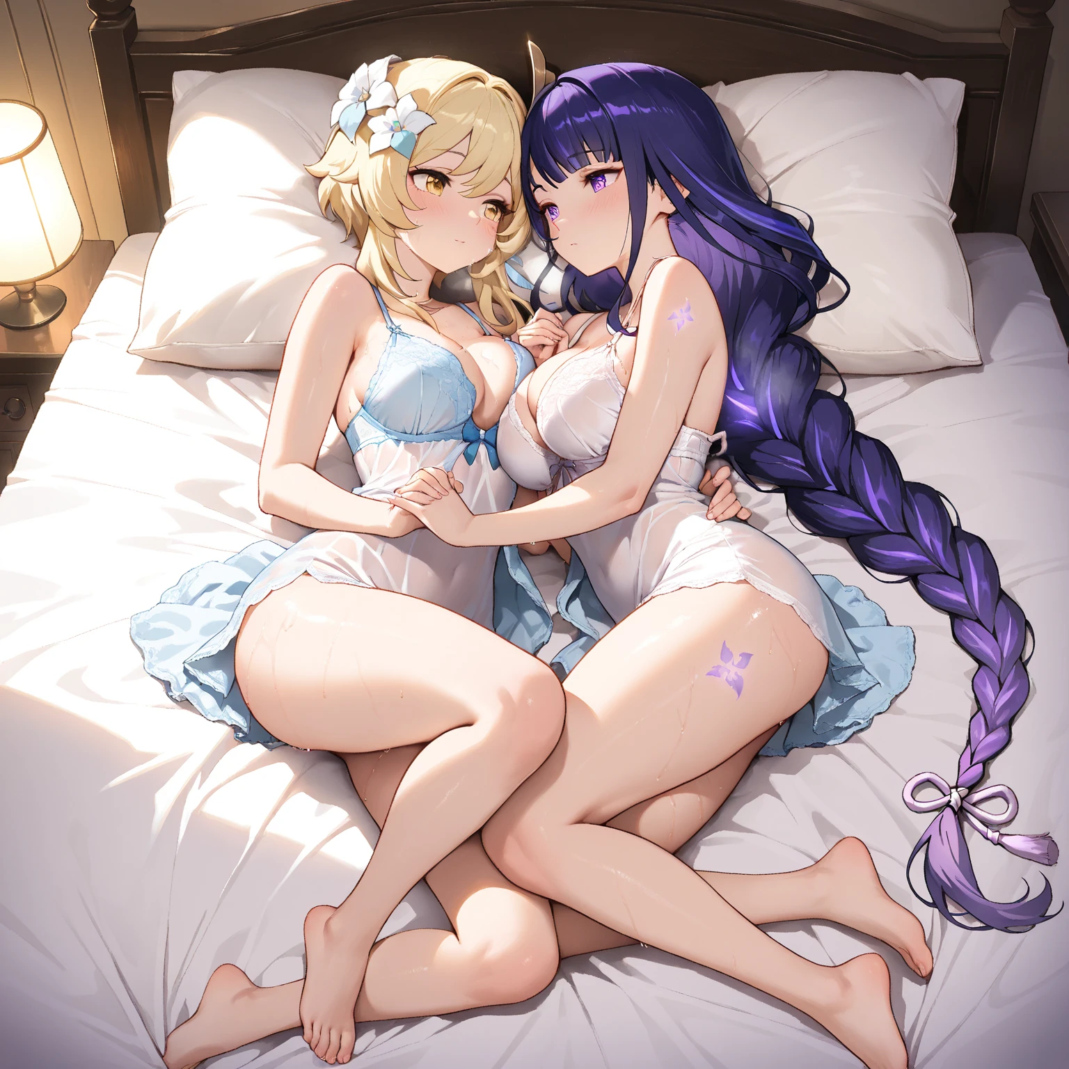 kemono,mesukemo,2 furry girls, 2 kemono girls,cat girls,lesbian, huge tits,sagging eyes, shy face, long hair, (huge tits:1.2),full body , (Maxi dress:1.6),(tucking up skirt:2), showing panty,showing bra, sheer panty, pantyhose, camel toe, bedroom