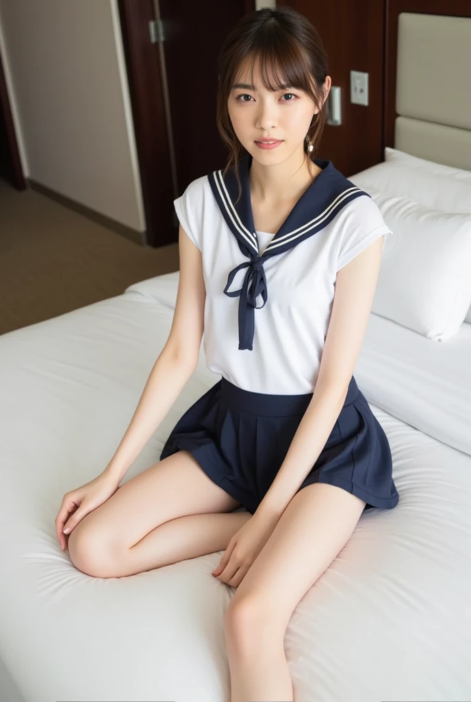 Actual photos of Japanese junior high school girls, A full body photo from head to toe，Beautiful woman with a young face，Blank look，Slightly parted lips，Transparent, lustrous skin，Bob hair or short cut，Summer short-sleeved sailor uniform，The ribbon is red，uniform, summer sailor uniform, A short navy skirt, In her room，One hand raised，Sit on the bed，Sit with your legs apart，One leg stands on the knee，Showing her tiny white panties，Panties digging into crotch，I masturbate to adult rape videos every day, I have no experience with men, But I want to have sex, I have a rape wish，Attractive thighs，I'm sweating a lot
