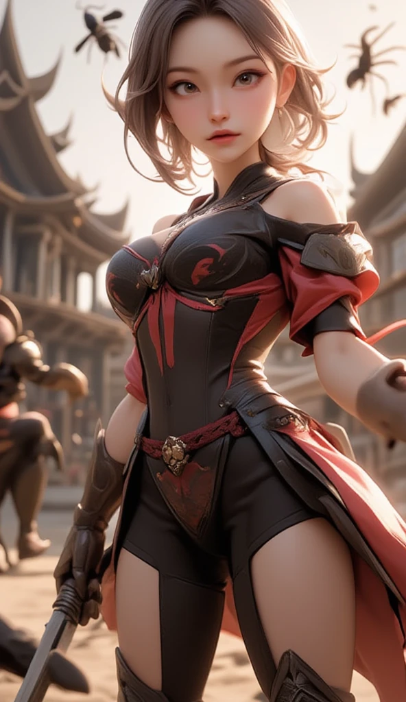 Masterpiece, Best Quality, Extra Detail, 1ninja girl, armor, armored boots, bangs, black eyes, black gloves, black hair, black leotard, black thighhighs, blue sky, blush, boots, breasts, cleavage, closed mouth, cloud, covered navel, day, elbow gloves, full body, gauntlets, gloves, hair ornament, highleg, highleg leotard, house, perfect body, perfect breasts, leotard, lips, looking at viewer, outdoors, pauldrons, plant, red scarf, scarf, shadow, shiny, shiny clothes, shiny hair, shiny skin, short hair, shoulder armor, sky, stern look, smile, solo, standing, thighhighs, thighs, clenched hands, Ninja Gaiden Sigma style