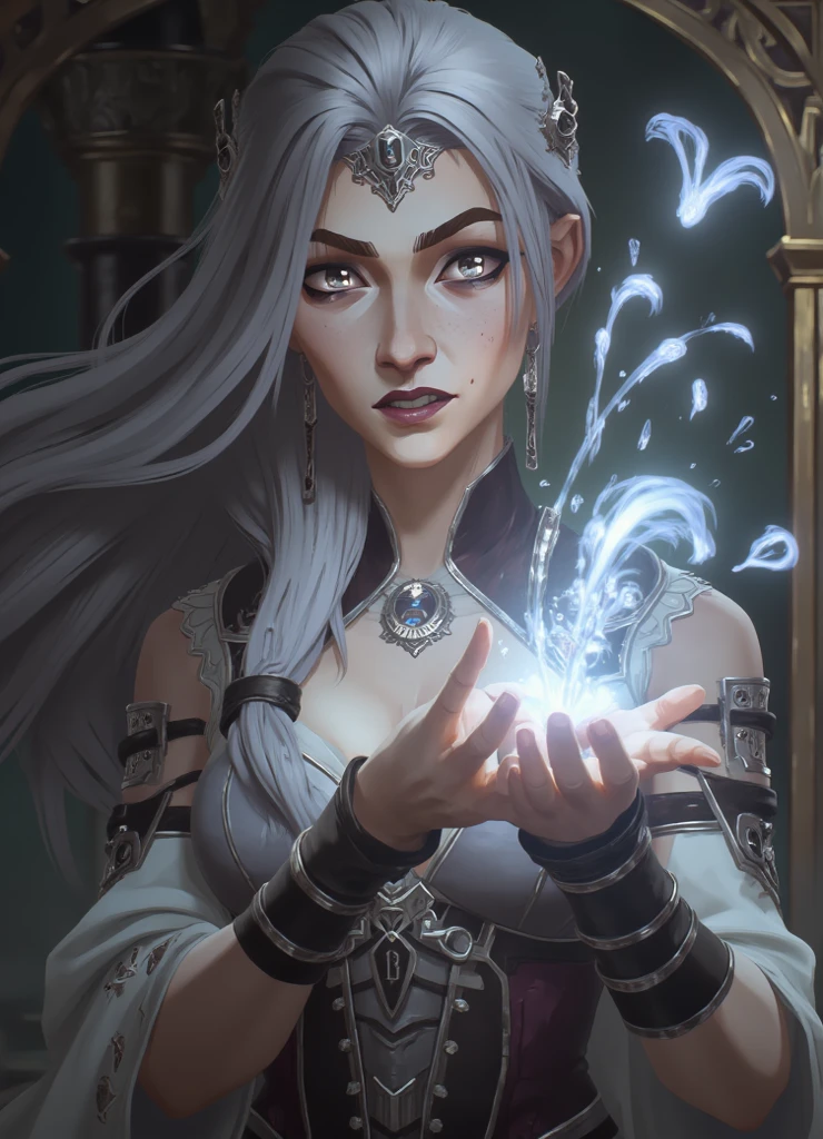 (wrinkled face, mature, old german:1.3), woman, thin, dark brown eyes, graying hair, drill hair (style-swirlmagic:0.8), solo, upper body, looking at viewer, detailed background, detailed face, (<lyco:CulturePunkBundle-000007:0.5>, fairytaleai, fairytale theme:1.1), mercury-wizard, smiling, surrounded by splashes of swirling silver, silver (clothes:0.8), mercury patterns, reflections, silver-colored fluid, metallic sheen, mercury transformation, slippery, floating particles, silver colour scheme, blending mercury, mercury projectiles in background, frozen mercury formations, cinematic lighting, cinematic atmosphere,,, (masterpiece:1.2, best quality:1.2, high quality, highres:1.1, aesthetic), extremely detailed, ambient lighting,