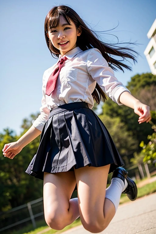 ((highest quality、8k、masterpiece:1.3)),((((fullbody shot)))),Ultra-high resolution,big eyes,Japanese,bangs,(a girl),(1 girl),((20 years old)),((facing at viewer)),(long hair),(((black sailor uniform))),grin,((squatting)),(pleated mini skirt),(((pussy))),((pubic hair)),((skirt lift)),(((black short crew socks))),(((platform shoes)))