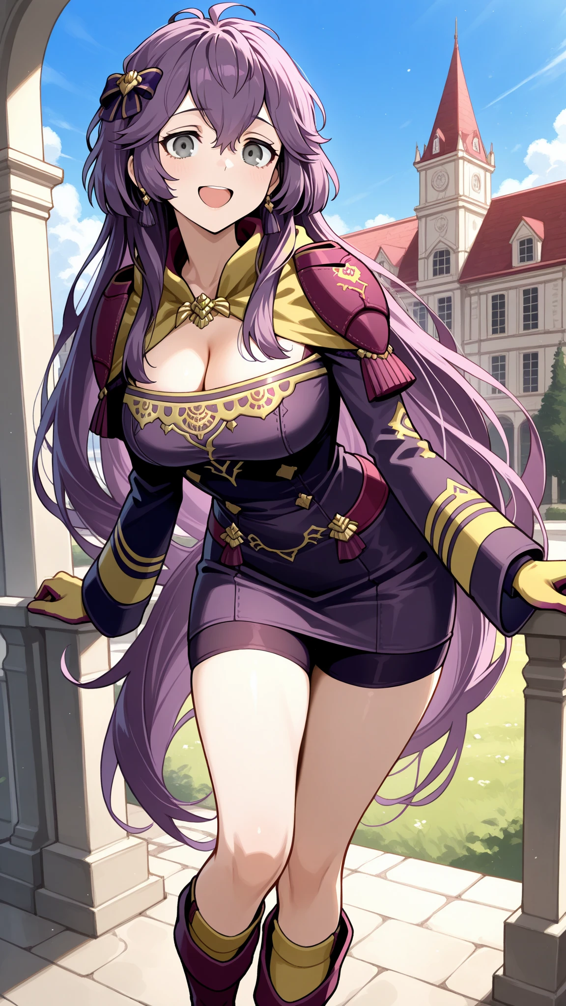 woman, long hair, brown hair, brown eyes, smiling, Mage purple hat(with golden details), strapless dress, cleavage, mage purple dress(with golden details), long cape, long purple socks, Zettai ryōiki ,purple gloves, belt, busty, wide hips, large thighs, anime style, purple boots((with golden details)), holding golden staff