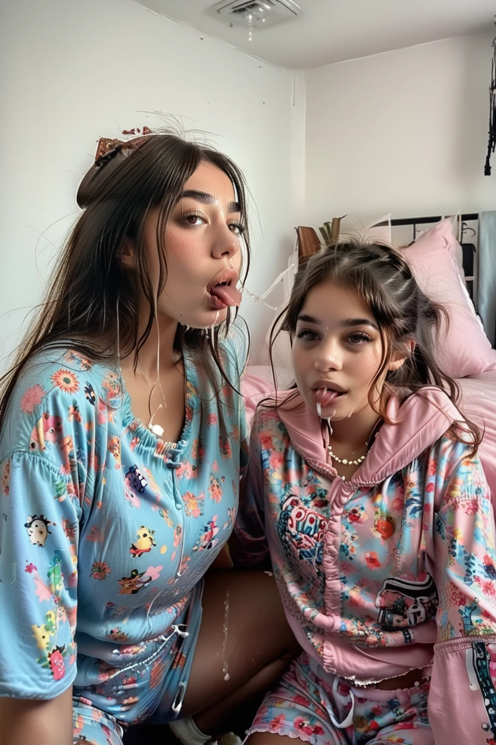 A 25-year-old, 70-kilo Brazilian woman with long, dark straight hair and Sponge Bob pajamas, in pajamas sitting on a white bed with her friend next to her, full body background room looking forward
