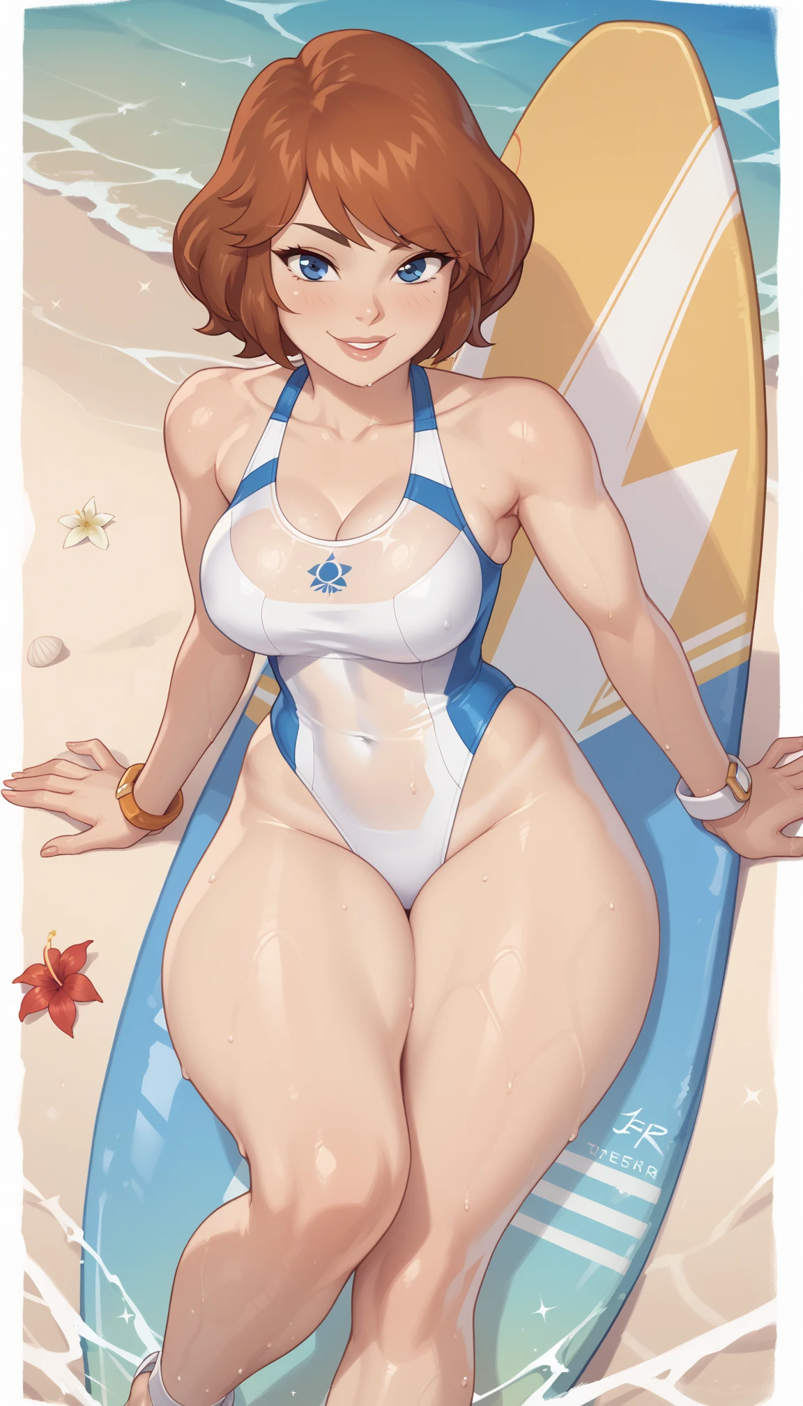 masterpiece, 1girl, (detailed eyes:1.2), (full body focus:1.2), woman wearing a bikini at the beach, milf, mature traits, bikini, gorgeous girl, beautiful girl, large breasts, perfect physique, multiple views, (2 views), (front and rear), ((front and back)), high definition, perfect face, nice round ass, milf, mature, large breasts, wide hips <lora:Rizdraws [MockAi - v1.0]:0.75> rizdraws, thick lineart, (film grain:1.2), (semi-traditional artstyle:1.3) <lora:NobaraJK2:1> nobarajk, 1girl, looking_at_viewer, bangs, medium_breasts